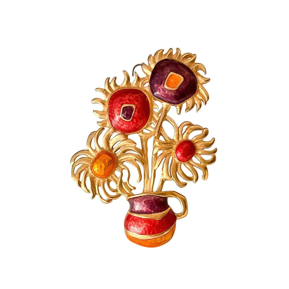 Avon Brushed Gold Tone Metal and Enamel Vase of Sunflowers Vintage Pin Brooch